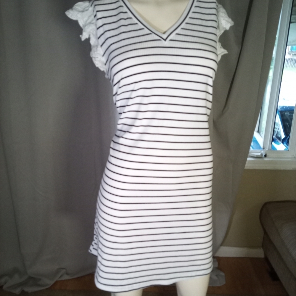 White and Black Striped V-Neck Dress